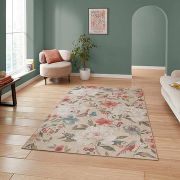 Washable Catherine Lansfield Pipa Floral Lightweight Printed Polyester Flatweave Natural Beige/Coral Red/Teal Blue/Ivory Rug-Think Rugs-Rug Love - The Most Loved Rug Store